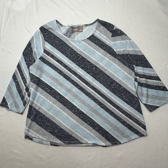 Chico's Tops - Chico's 2 Women's Large Blue White Diagonal Striped 3/4 Sleeve Knit Top Blouse
